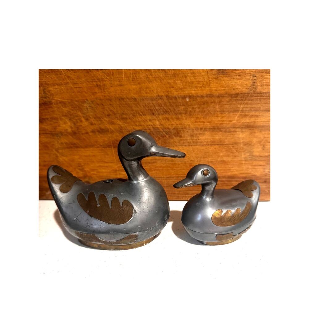 RARE -Vintage Pewter Brass Duck Trinket Box Nesting Pair - Mid Century Modern
